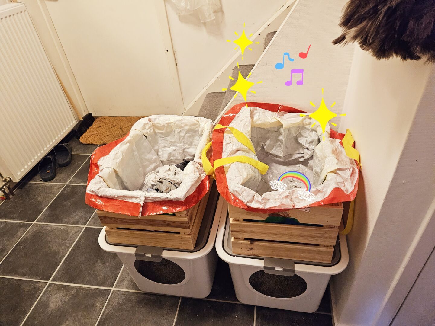 A foyer with two cat litter boxes. On top of the boxes are two wooden crates lined with empty bags. One of the bags have been digitally adorned with sparkles and rainbows.