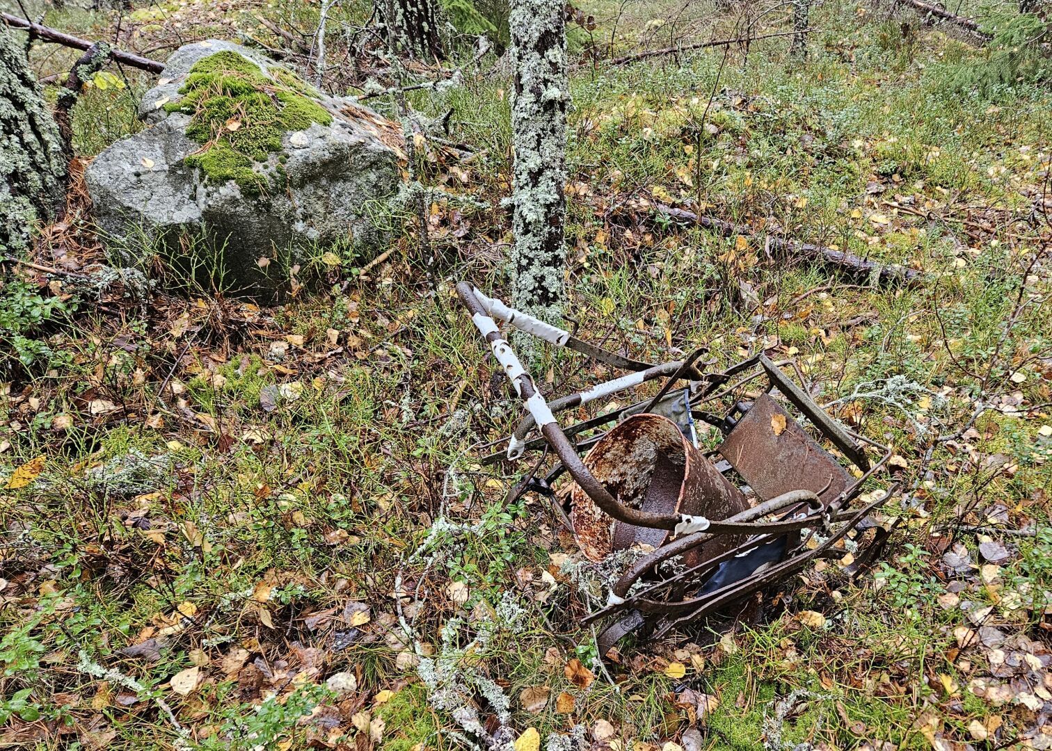 A rusty pram skelleton with a bucket with a hole, slowly disintegrating into the moss in a forest.
