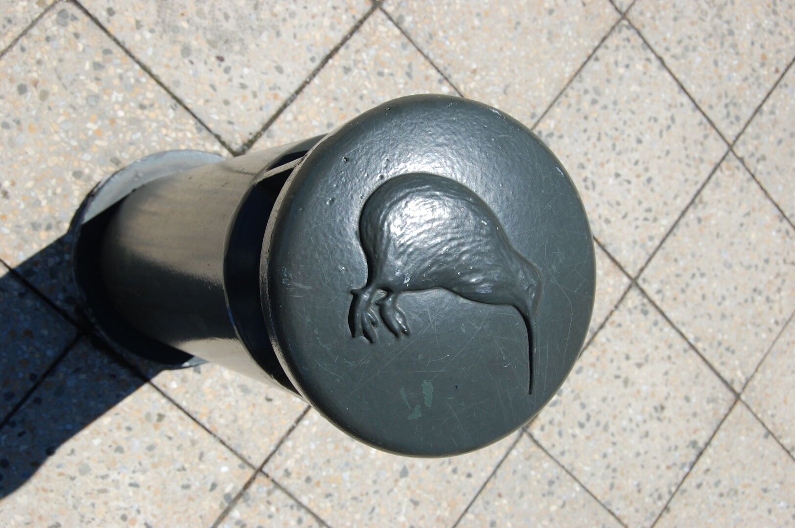 Ein neuseeländischer Kiwi (Vogel) als Emblem auf der Oberseite eines Straßenpfostens
