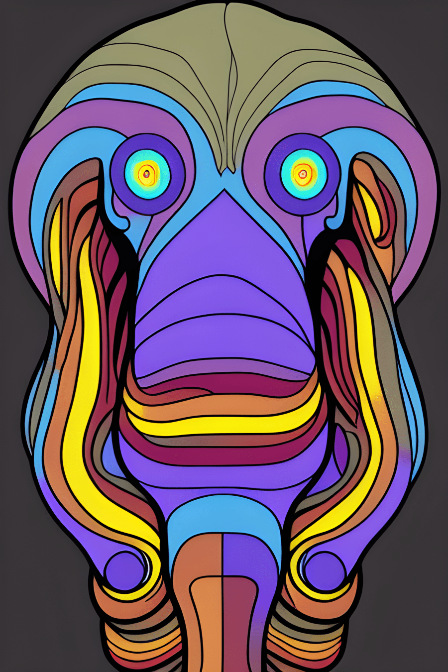 A colorful drawing of a mastodon's head staring with hypnotizing eyes directly at the observer.