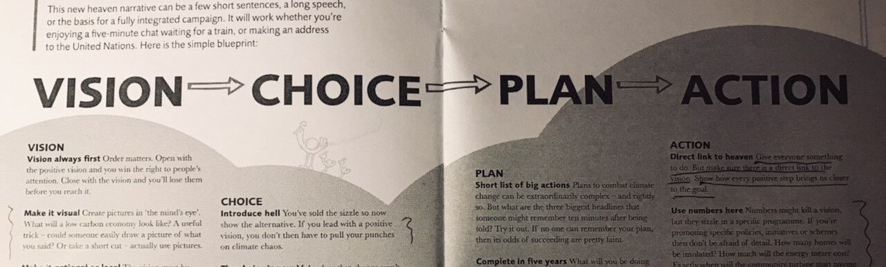Vision - choice - plan - action. A four step climate communication narrative from the UK 'change agency' Futerra.