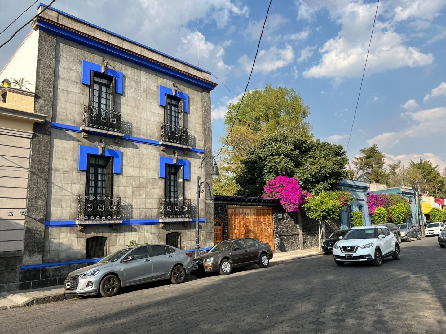 Street scene showing a house at a street and cars passing. Next to the house some nice plants