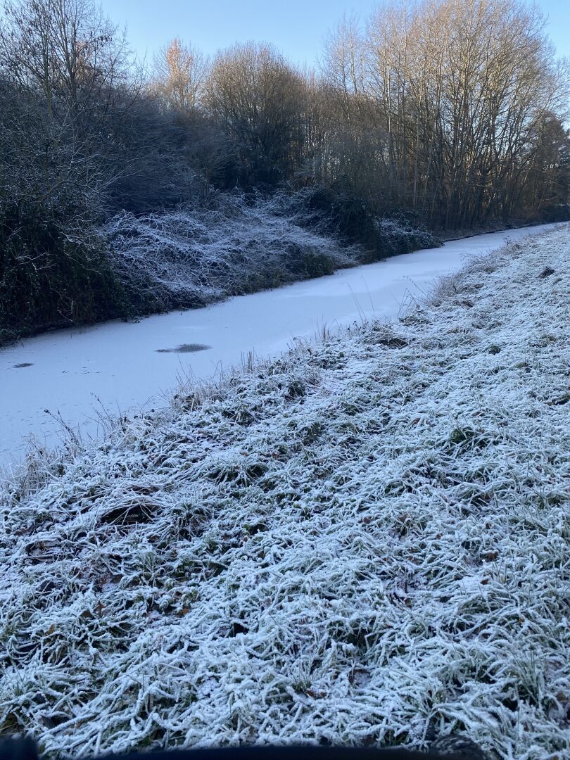 Zugefrorener Graben, das Gras vor dem Graben ist mit Raureif bedeckt. Hinter dem Graben sind Büsche und Bäumen unter blauem Himmel.