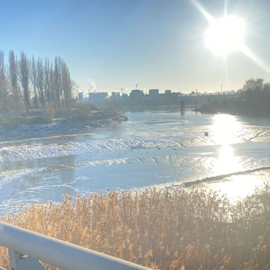Vereiste Wasserfläche vom Oberhafenkanal, gegen die tiefstehende Sonne fotografiert. Im Hintergrund die Industriegebäude auf der Veddel.