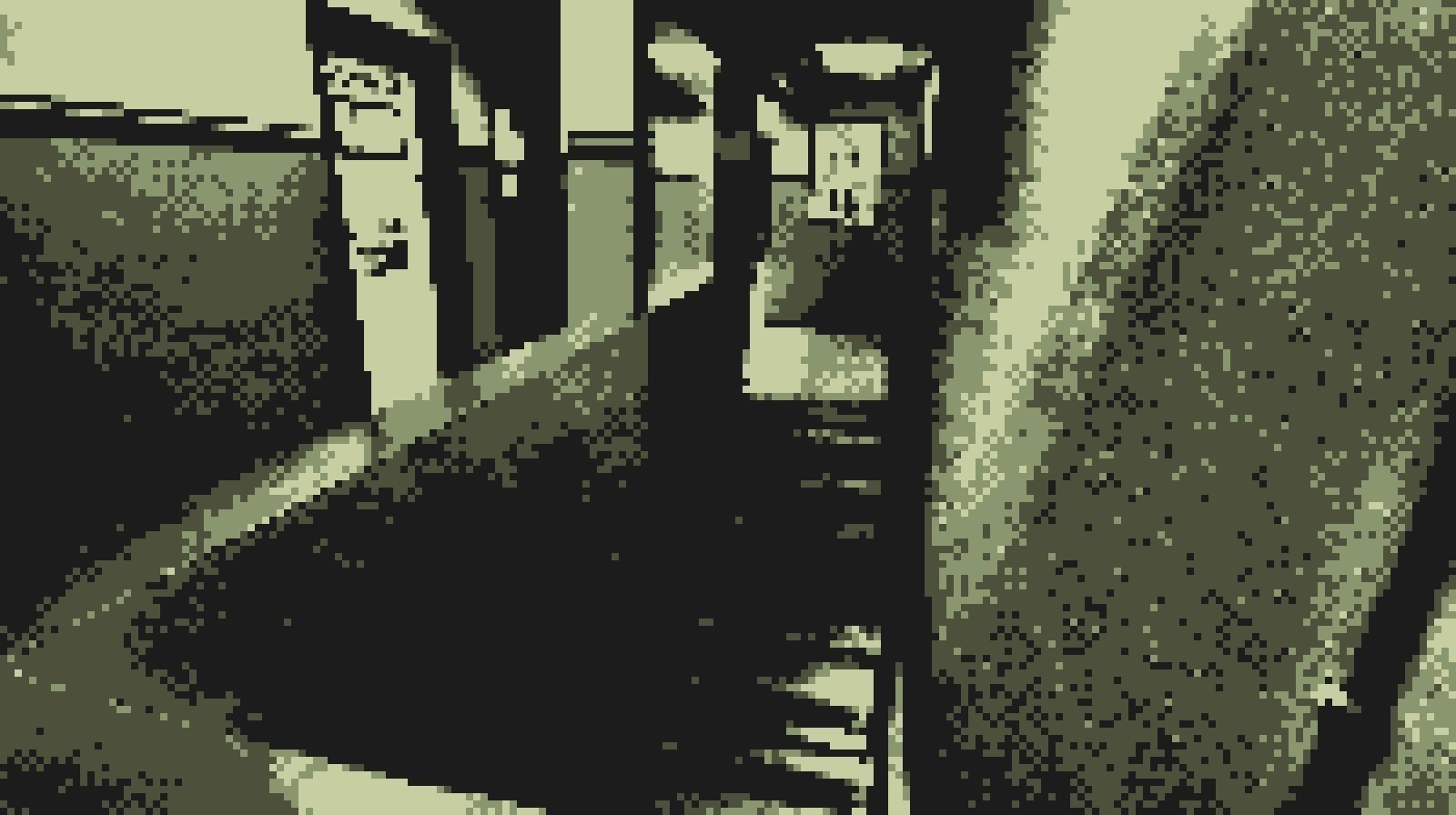 El principio de un pasillo y el hueco de una escalera pero emulando una Gameboy.