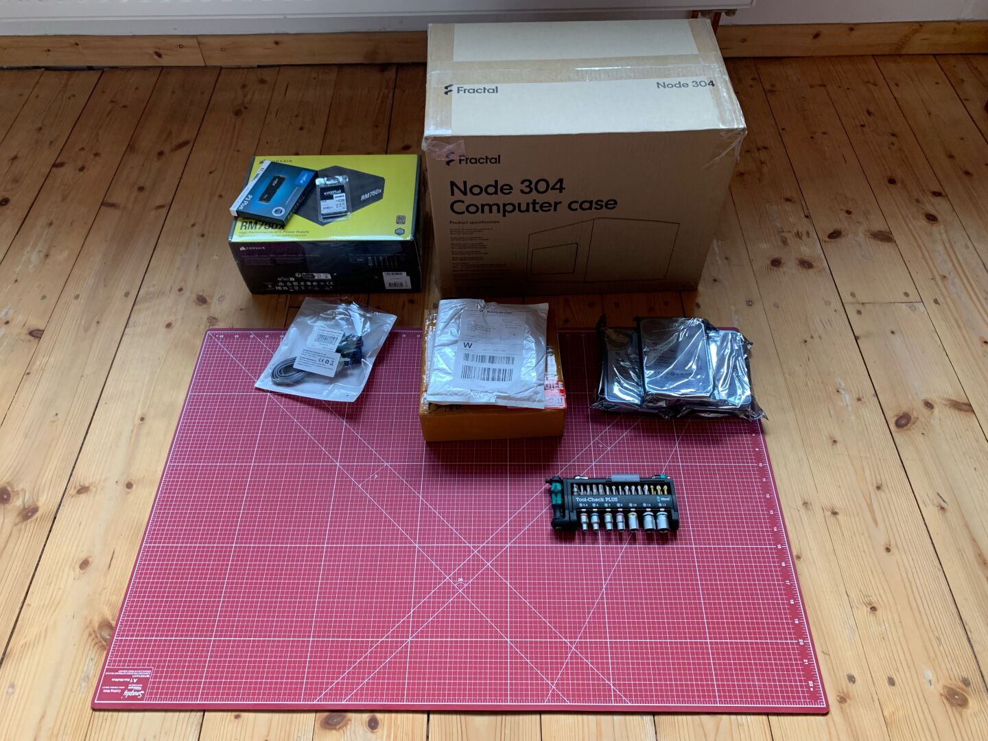 Multiple boxes containing computer hardware