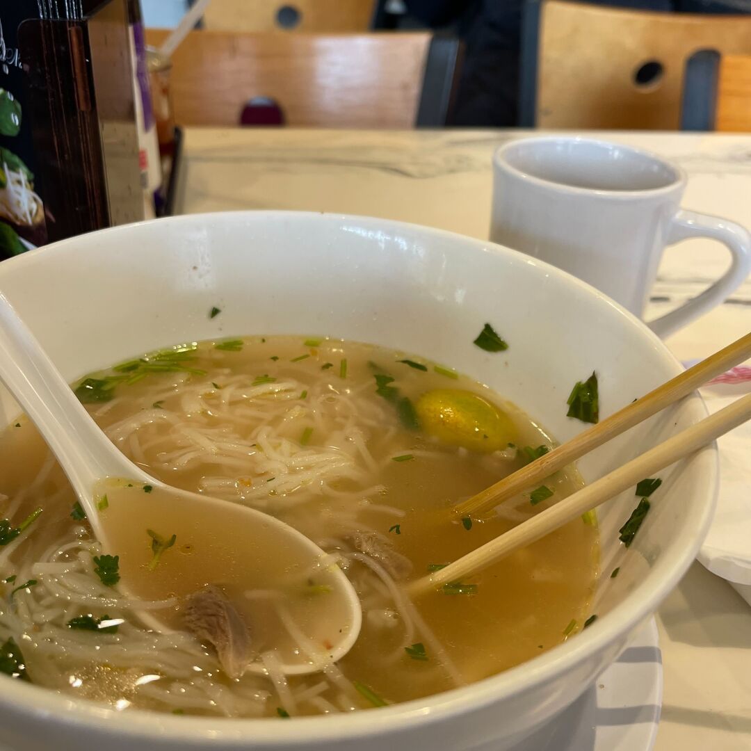 Hot noodle soup in a Vietnamese restaurant