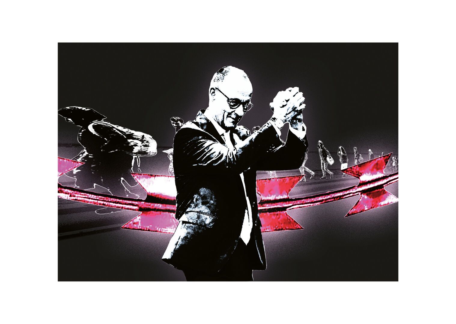 Im Vordergrund Fr. Merz in Siegerpose ... Hinter ihm geht eine Gruppe Flüchtlinge durchs Bild. Merz und Flüchtlinge getrennt durch einen überdimensionierten Nato-(Stachel-)Draht. Bild in Schwarz/Weiß, Natodraht in rot.