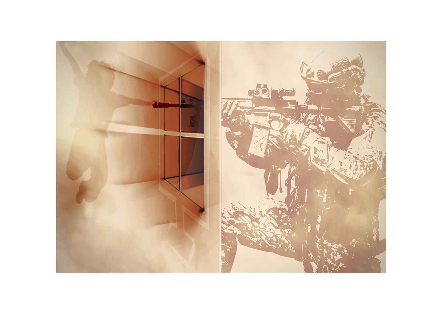 Auf der rechten Hälfte des Bildes kniet ein Soldat in voller Kampfmontur mit einem Gewehr im Anschlag vor einer Wand mit einem Fenster (im Windows-Logo Stil). Der Lauf des Gewehrs geht durch das Fenster. Im Raum auf der linken Hälfte ist der Schatten eines hüpfenden (oder ist es tot?) Kindes zu sehen. Alles ein orange/braun eingefärbt.