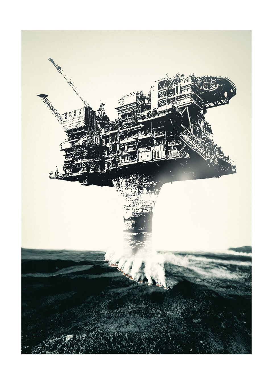 Eine unrealistisch große Ölbohrplattform (in Scharz/Weiß) steht in einer Hügellandschaft. Der Wald an ihrem Fuss brennt ...