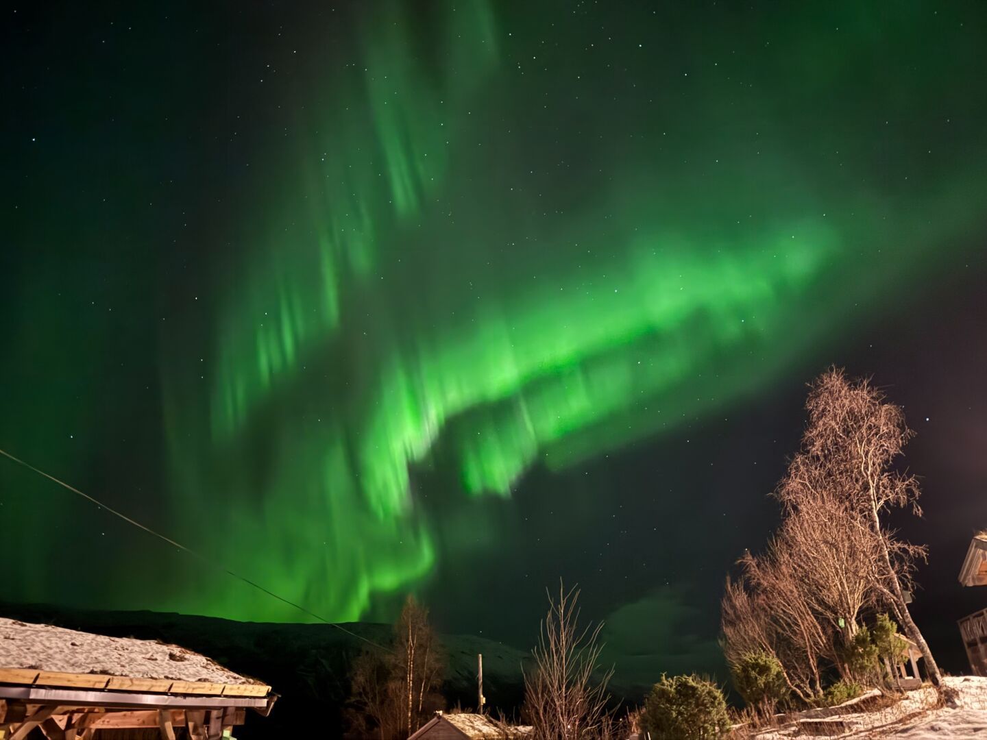 Northern lights in the sky and some small buildings and trees on the snowy ground.