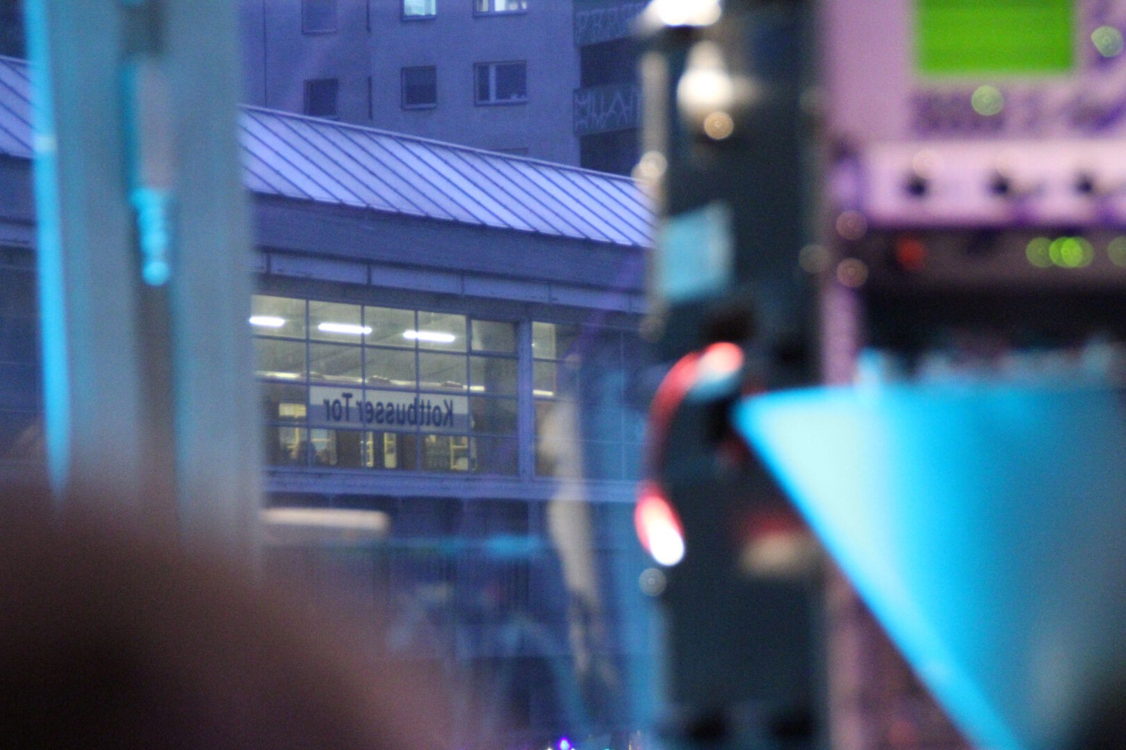 View from one of the show rooms through a window towards the Kottbusser Tor sub station. To the right, a glimpse of Thorsten Quaeschnings gear can be seen, most notably the Schrittmacher sequencer.
