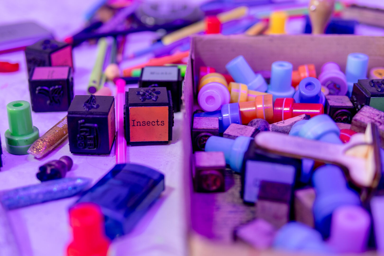 Verschiedene Stempel und Stifte, die wild durcheinander liegen. In der Mitte scharf abgebildet ist ein Stempelwürfel auf dem steht "INSECTS"