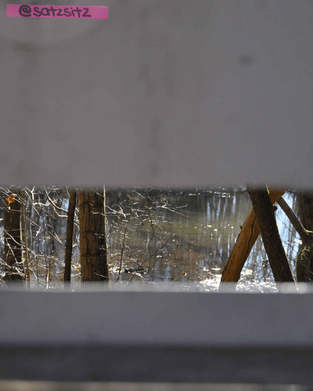 Der Offermannsweiher fotografiert durch ein Sichtfeld in einem Infoschild