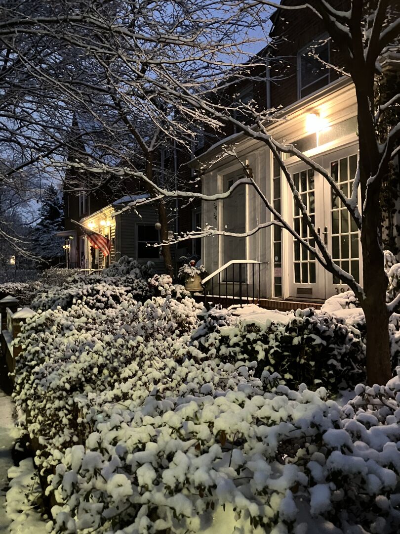Snow covering bushes and trees in front of a house in the historic Sunnyside neighborhood. It’s still dark outside and light is coming from a lamp on the enclosed porch.