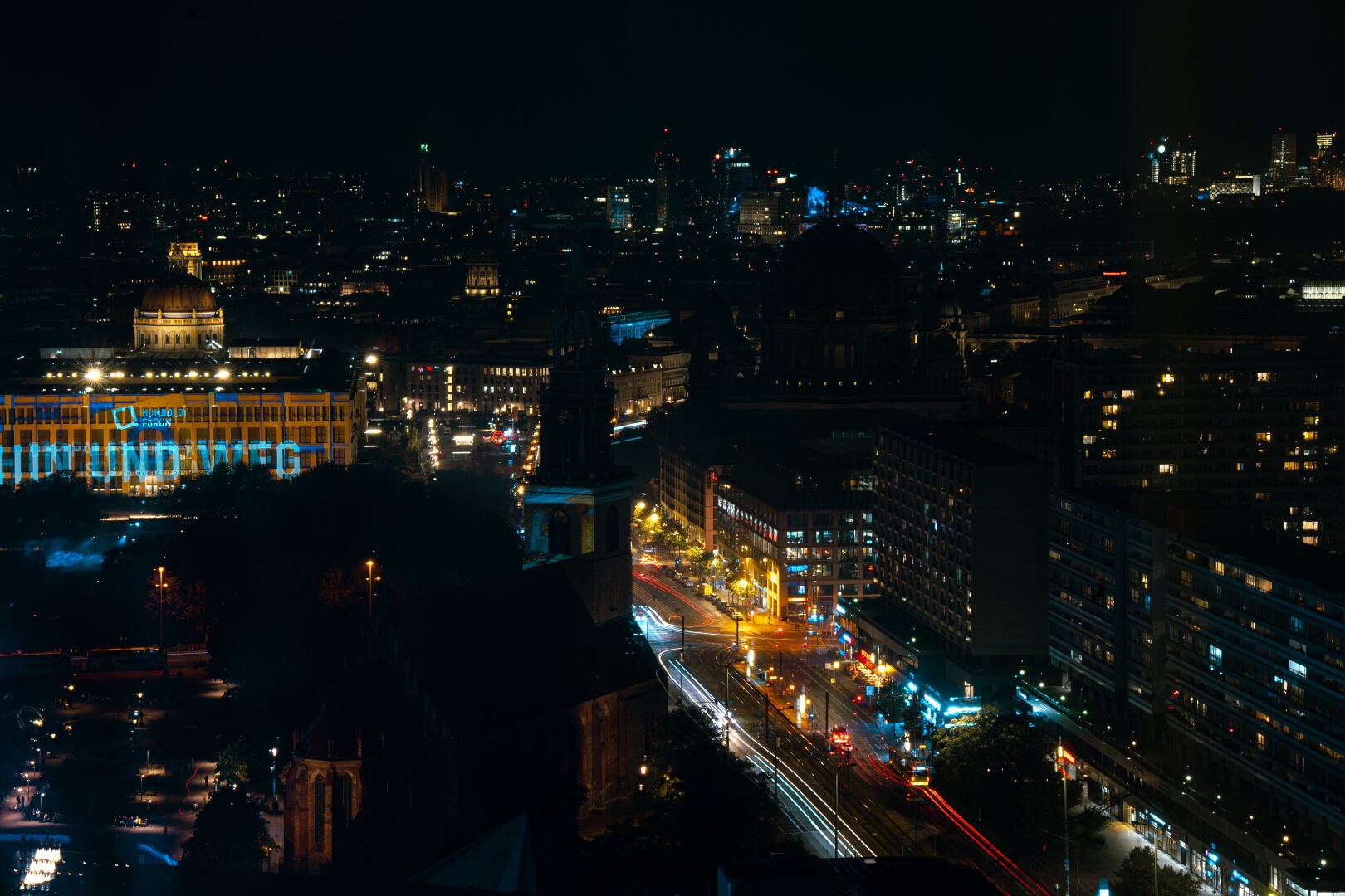 Long exposure photo from a high vantage point showing the nightlife of Berlin
