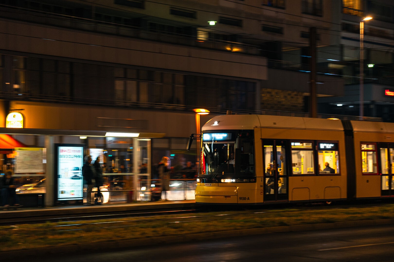 Nightscape of a passing Tram in movement.