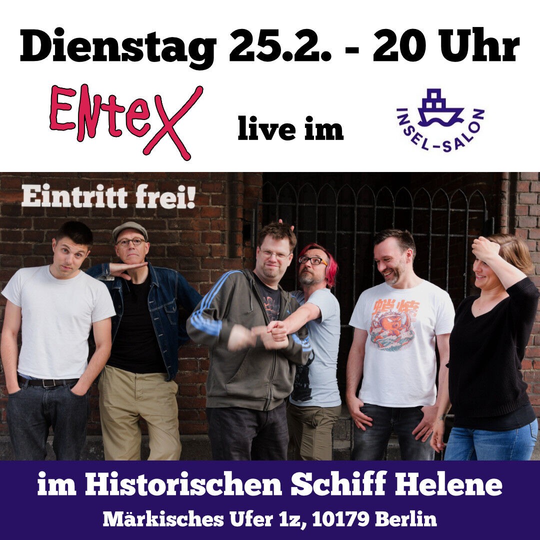 Bandfoto, 6 Menschen, dazu die Daten des Gigs, analog zum Text in diesem Post.