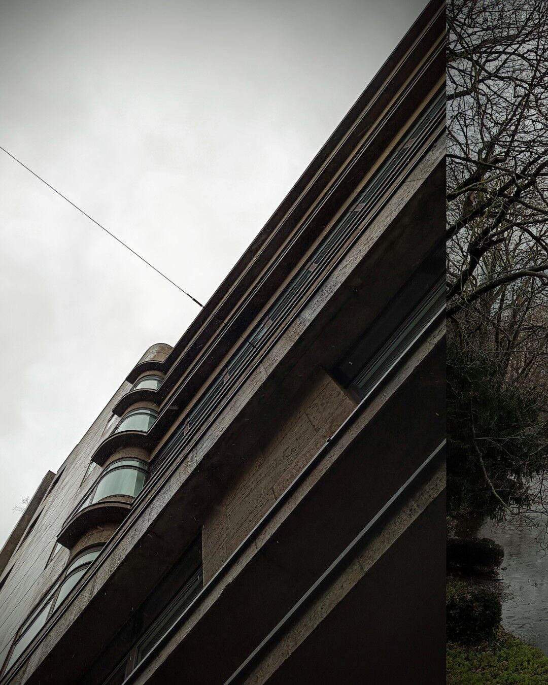 A modern building viewed from a low angle, showing several curved glass windows on the upper floors. The structure has a raw, concrete exterior, with thin horizontal lines for balconies and windows. The sky above is overcast and grey, adding to the moody atmosphere. On the right side of the image, a dark, leafless tree stands against a misty, rain-soaked environment, with puddles on the ground and a sense of desolation in the air. The composition captures a contrast between urban architecture and nature.