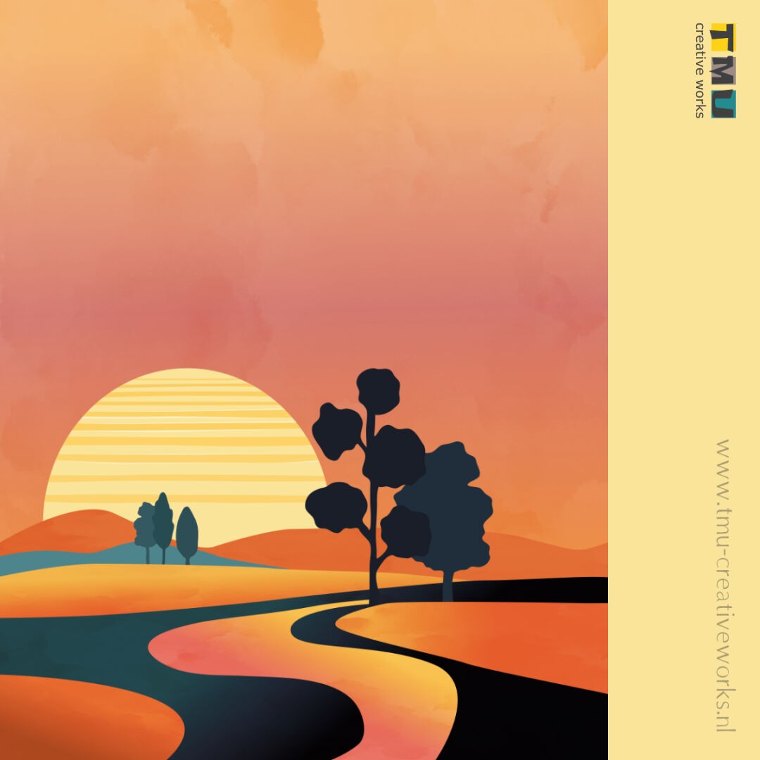 A dreamy sunset landscape, minimalist and warm in color. Soft shades of yellow, orange and red blend with muted blue to create a harmonious scene. The curvy fields in the foreground lead to two stylized trees, while in the distance hills and a group of trees can be seen. The setting sun, partly hidden behind the hills, is given a subtle retro vibe by horizontal lines.