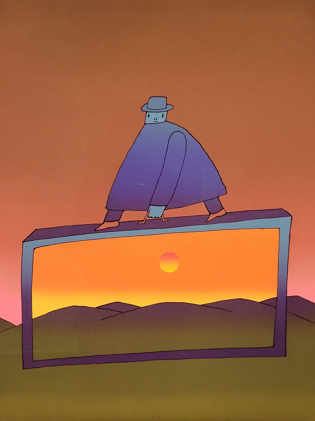A framed painting by Folon of a large, geometric human figure with a hat standing on top of a rectangular frame. Inside the frame is a vibrant landscape of hills and a setting sun, all set against a warm orange sky.