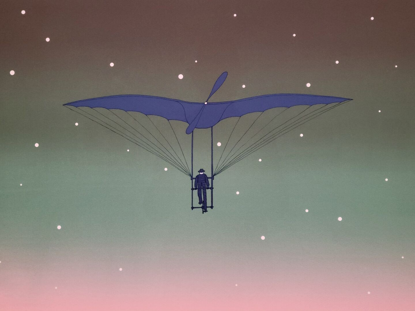 A close-up of a framed painting by Folon showing a person sitting on a simple flying machine with a wide, curved wing against a gradient background of green and pink tones, with scattered white stars.