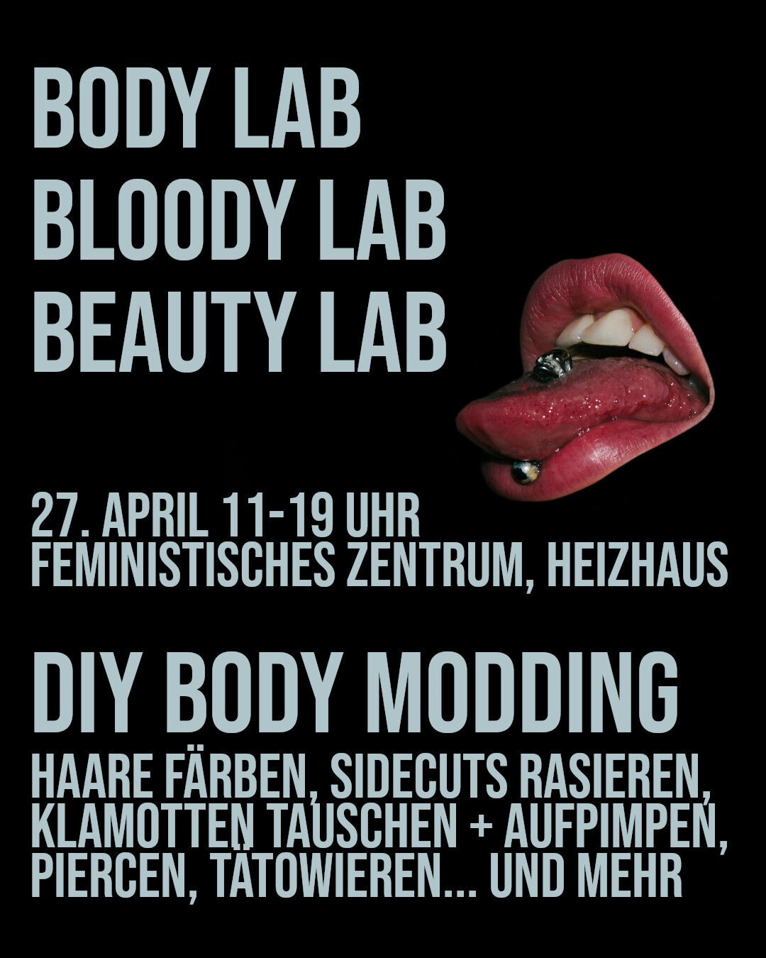 Ein Sharepic mit einer gepiercten Zunge, alles wichtige steht auch in der Beschreibung.