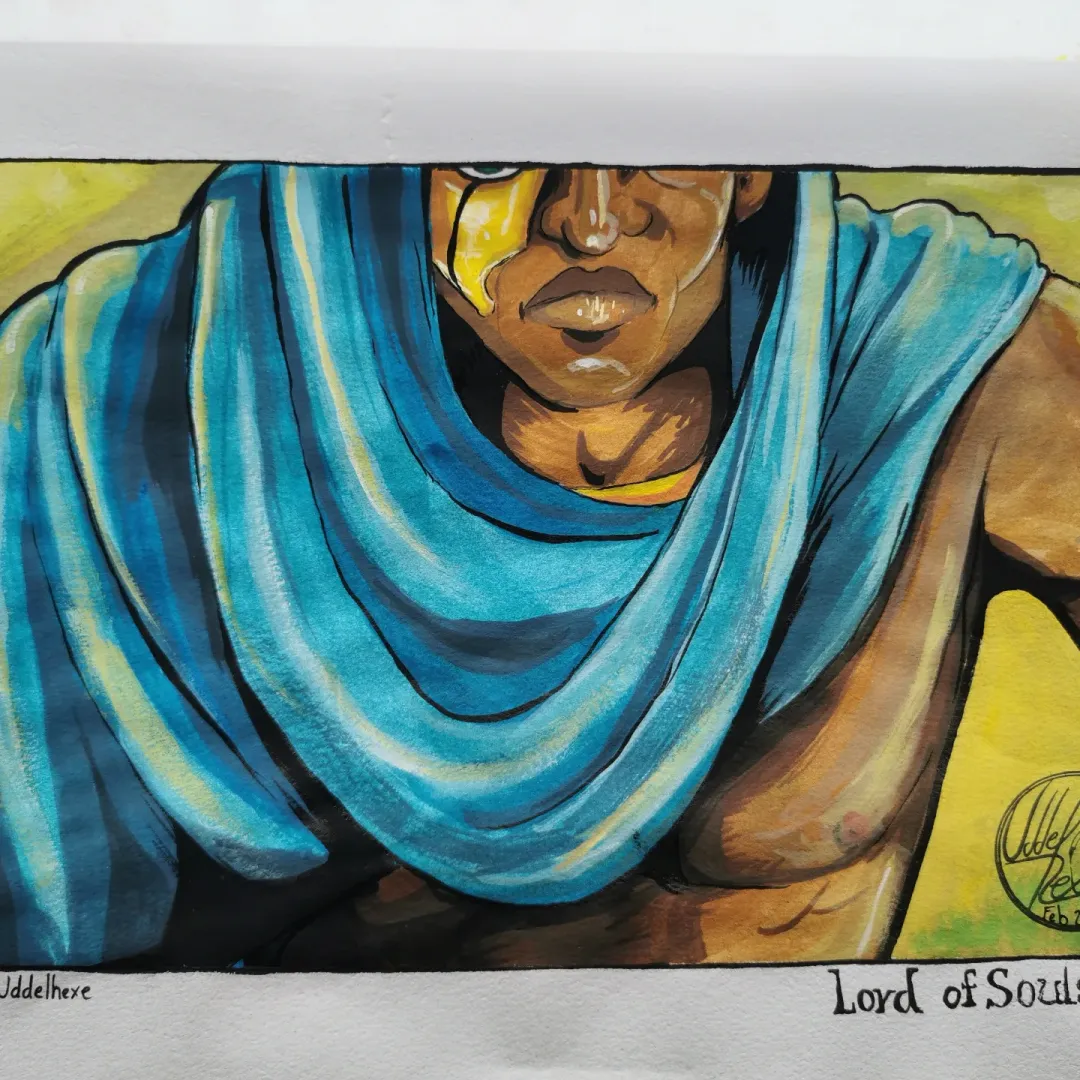 Gouache illustration on paper.
Bust with only half the face visible.
Shows a brown skinned man wearing a blue skarf around his shoulder and head.
Haldlf of his face is hidden behind a golden mask.