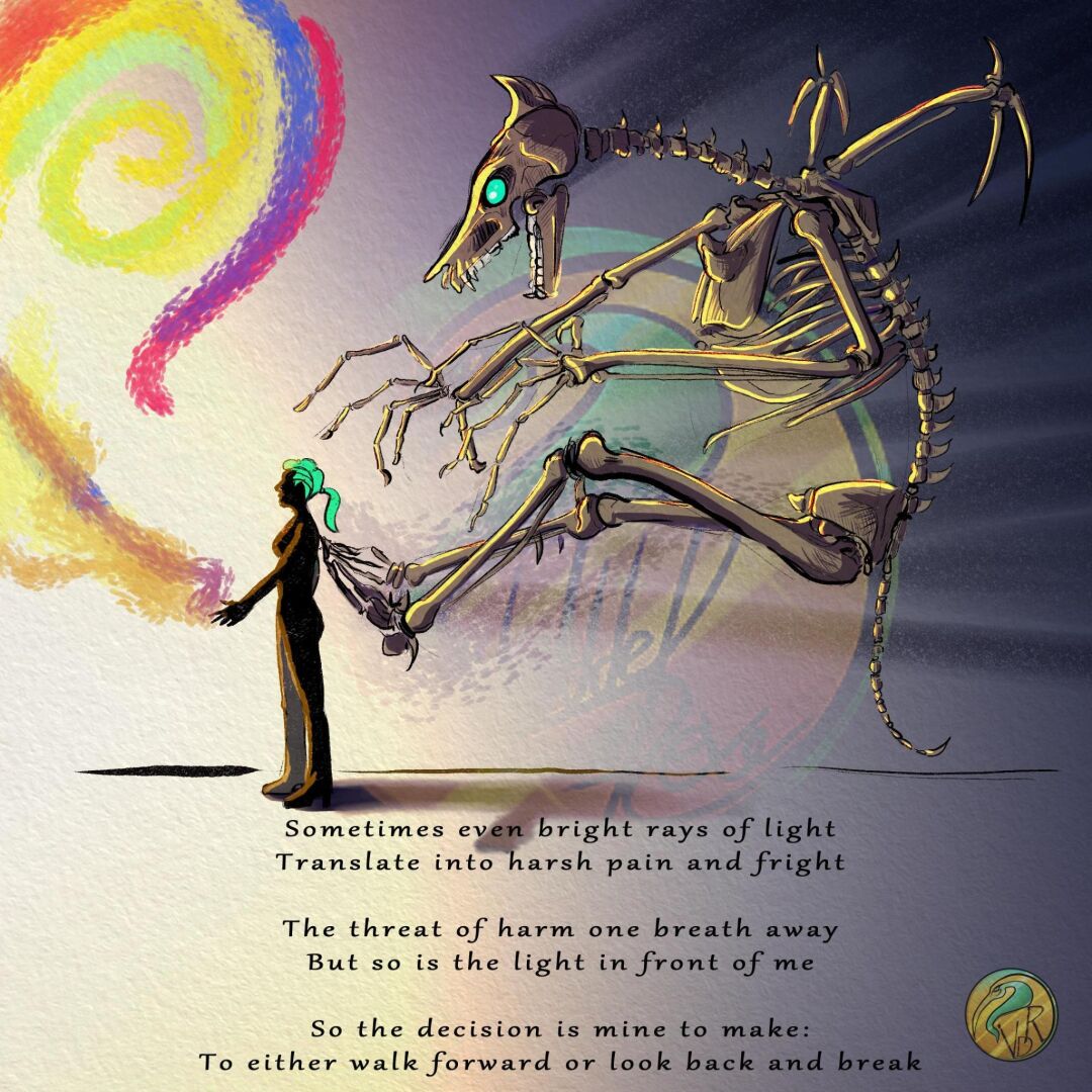 Digital illustration.
A female human standing sideways. Out of her hands flow swirling colors. Behind her, half attached, the big skelleton of a demonic dragon creature. It is not possible to see, if it is going in or out. The light of the colors casts a shadow.