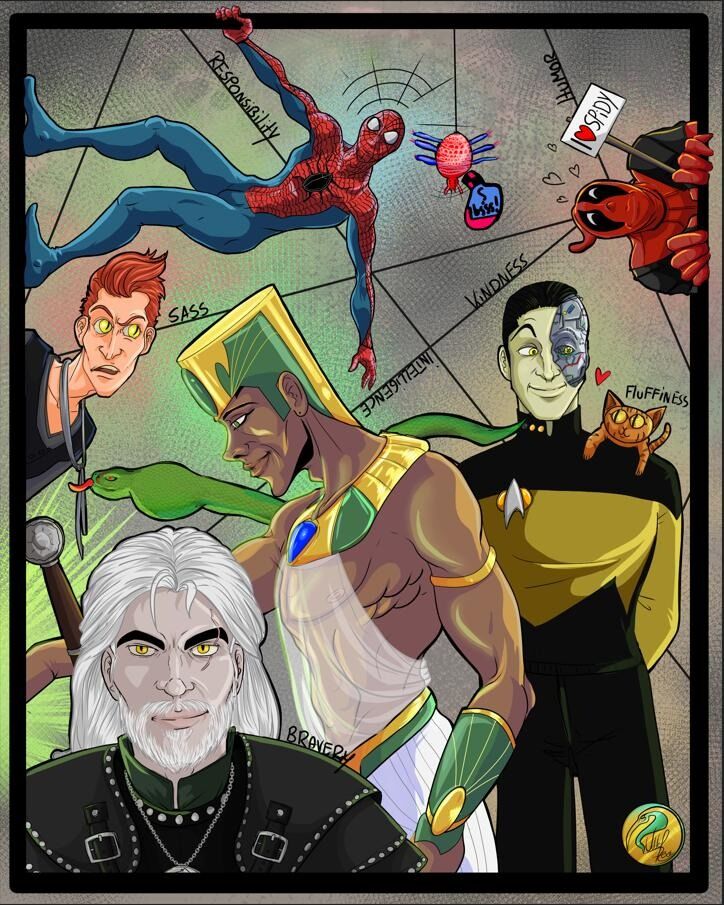 Digital illustration of male TV characters. Characters being Gerald of Rivia, Deadpool, Spiderman, Crowley from Good Omens, Rath from Mummies Alive, Data and his Cat Spot from Star Trek The next Generation.