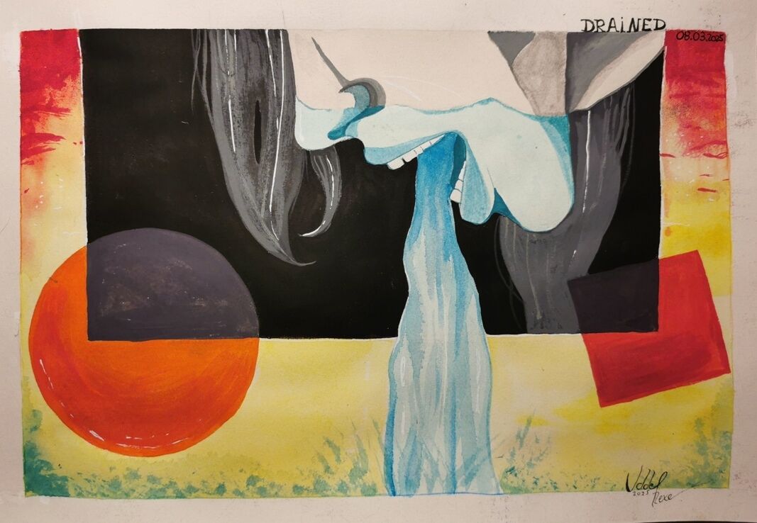 Half of a female face looking downward. Mouth open. A blue liquid is flowing out and with it, color is leaving the face.
Around the face inside a black quarter, are yellow colors and red shapes. The part of tge shapes being in the blach square are in black/grey too.