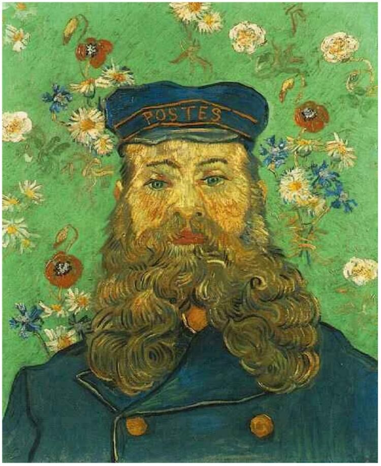 van Gogh's painting of postman Roulin, he looks straight into the eye of the viewer. He is clothed in his uniform and has a very full beard. The background is a greenish wallpaper with flowers. 
--------------
Van Goghs Porträit des Postmanns Roulin in seiner Uniform mit einem auffälligen Rauschebart. Grüner Hintergrund: Tapete mit Blumenmuster